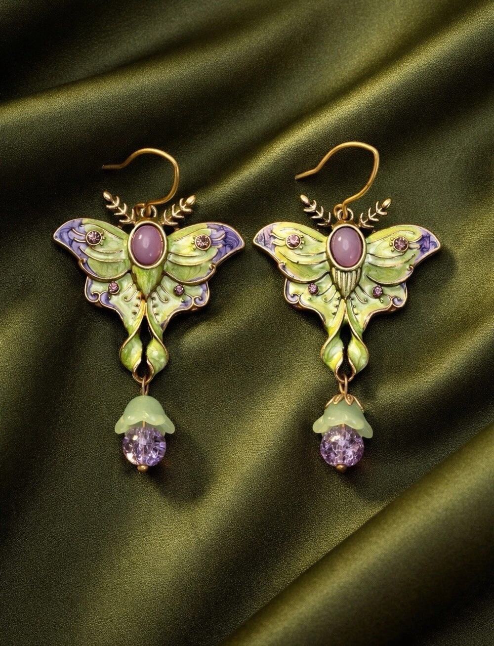Museum Art Deco Butterfly Moth Earrings Enamel Crystal Nouveau Antique CZ VTG